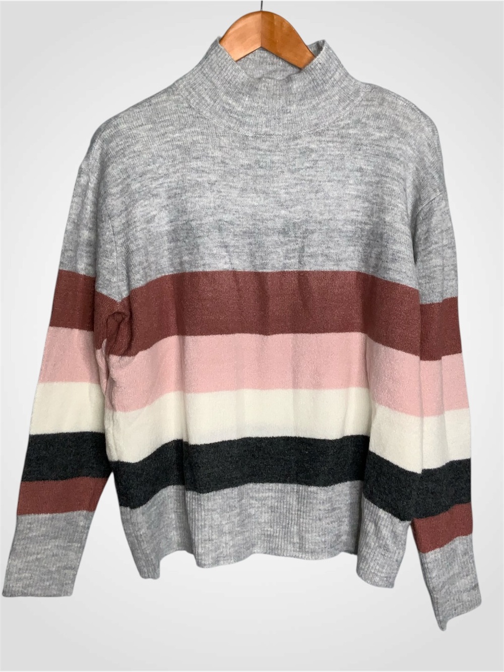 beachlunchlounge Gray Mock Neck Sweater with Rust, Pink & Cream Stripes L